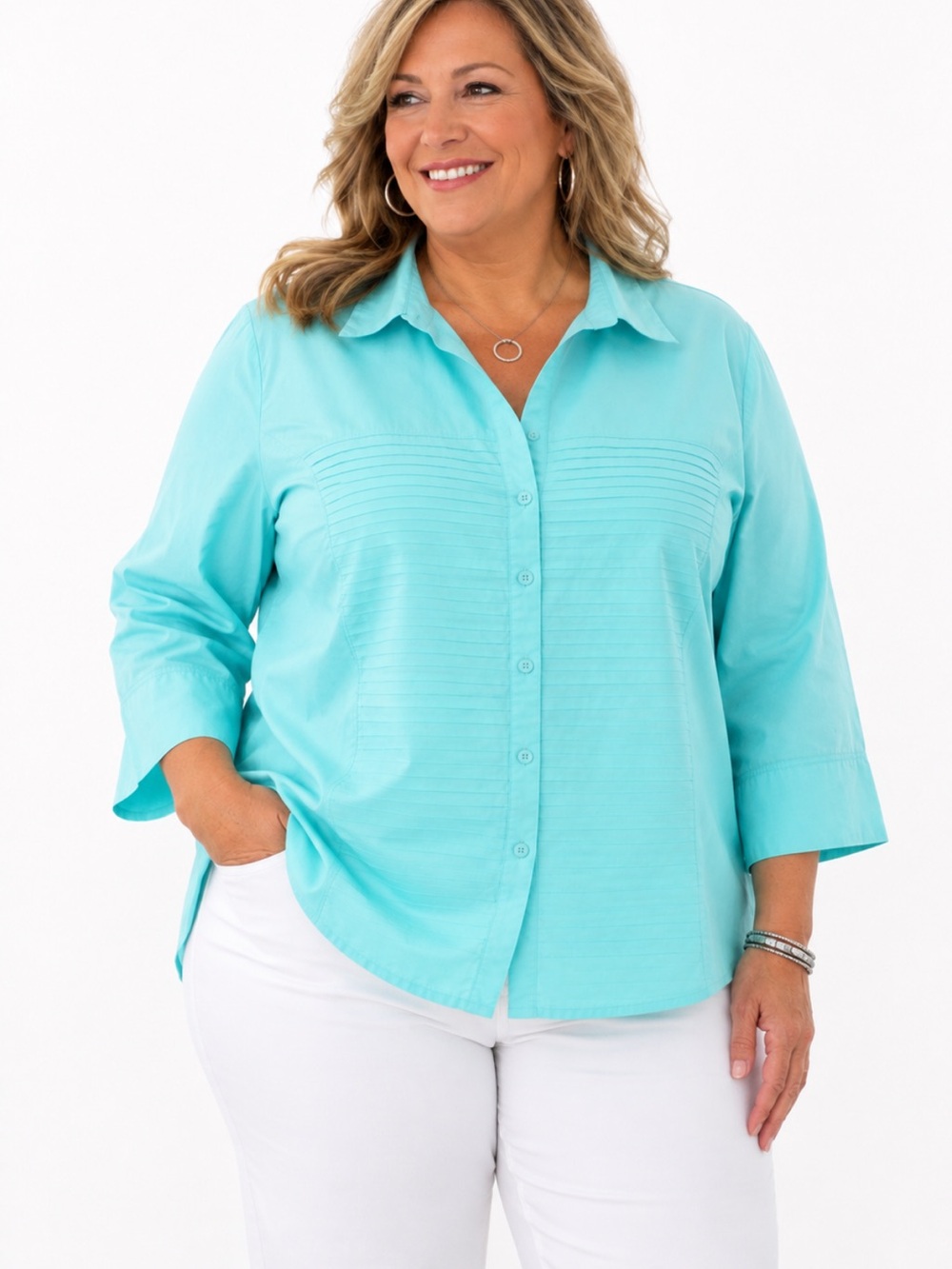 Zac & Rachel Woman Aqua Pintuck Button Front Blouse 3X Cotton Blend 3/4 Sleeve